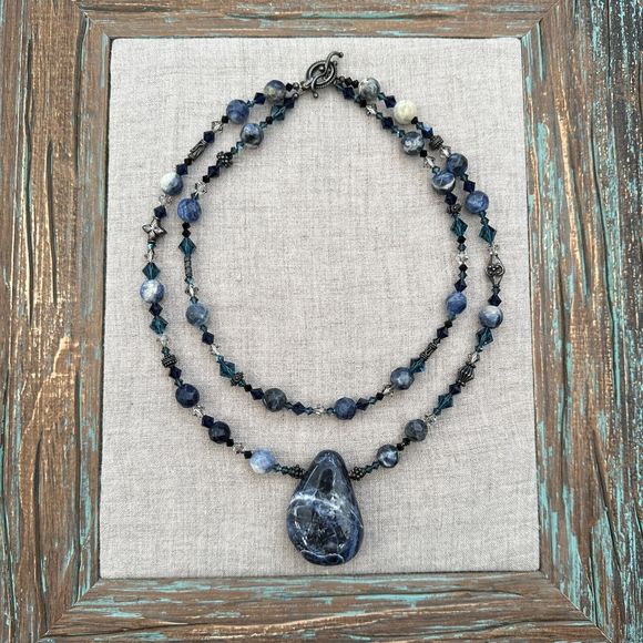 Sodalite Stone Pendant Crystal Beaded Double Strand Sterling Silver Necklace 11" - Picture 5 of 13